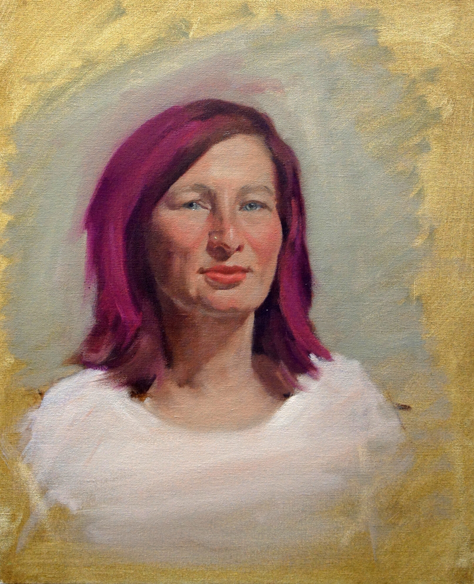 woman scientist with purple hair oil painting