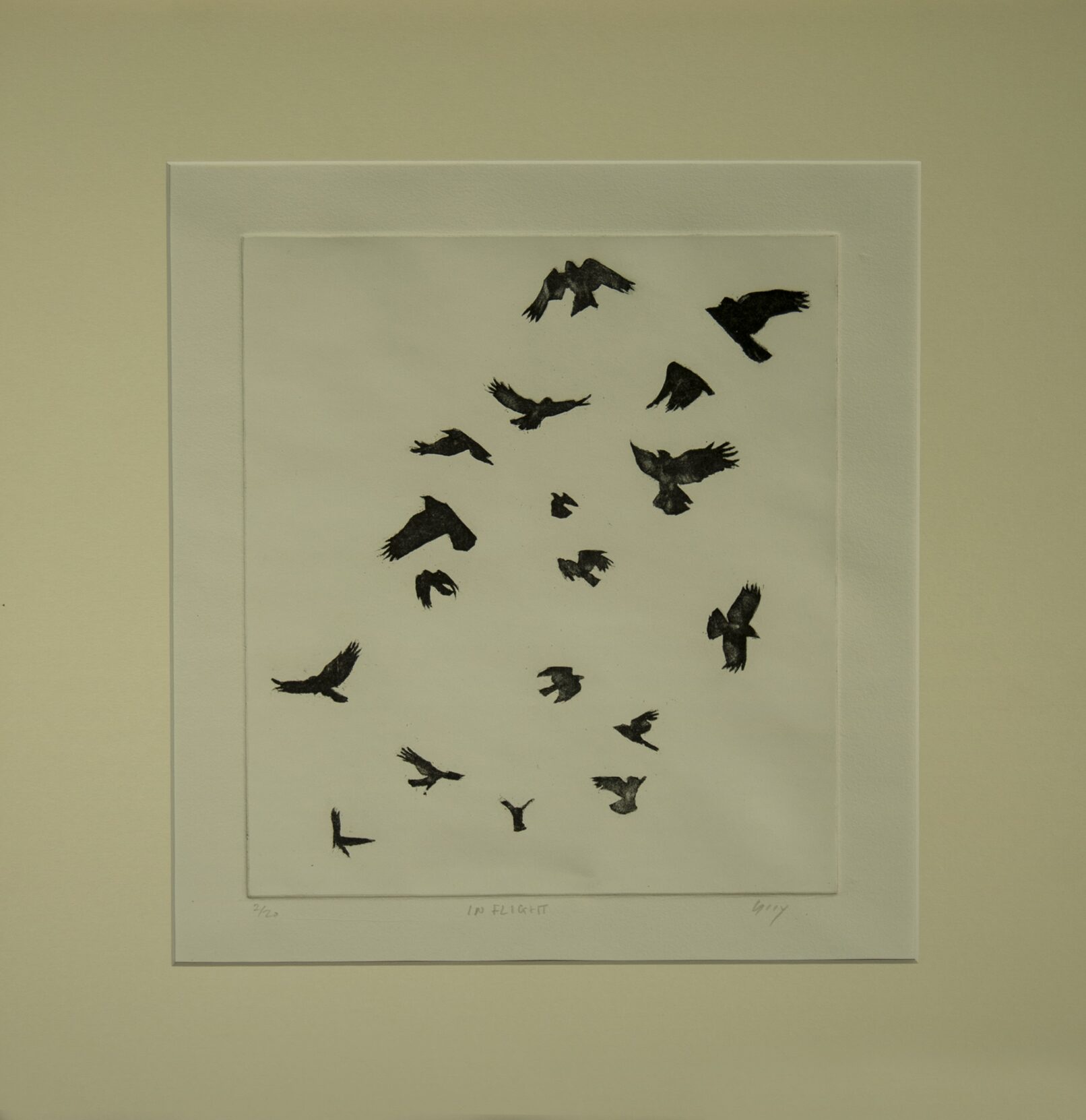 Birds taking flight into the sky, copper etching black and white
