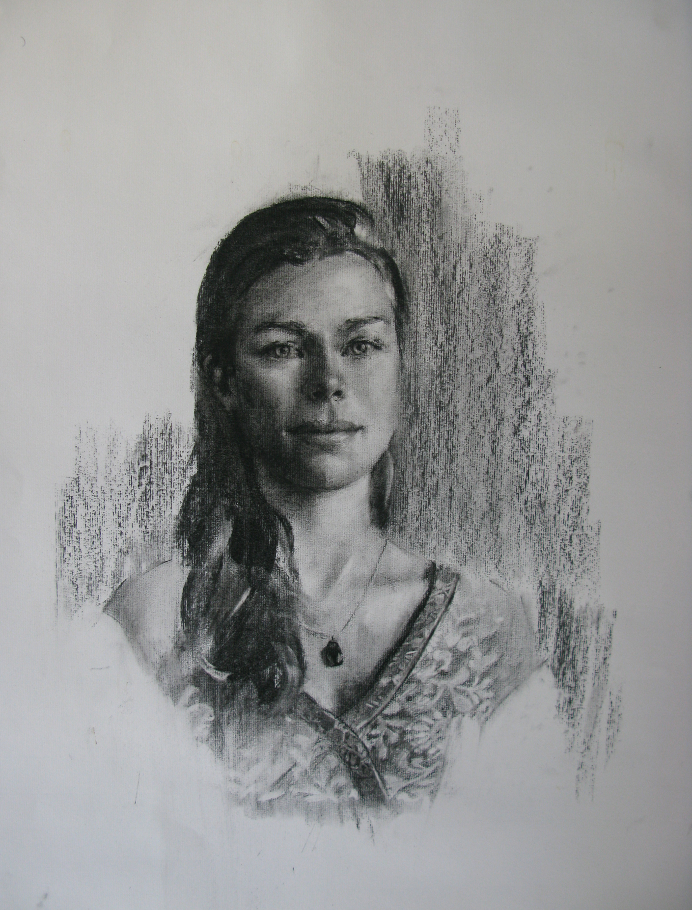portrait of woman with long hair charcoal on paper