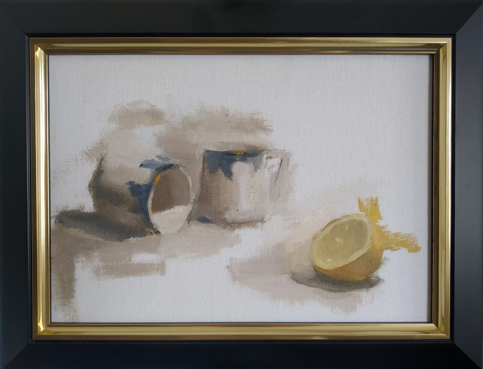 two cups one tipped over and hald a lemon slice, oil painting