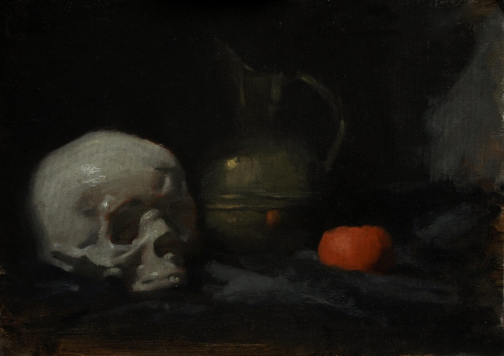 skull next to vase and orange oil painting