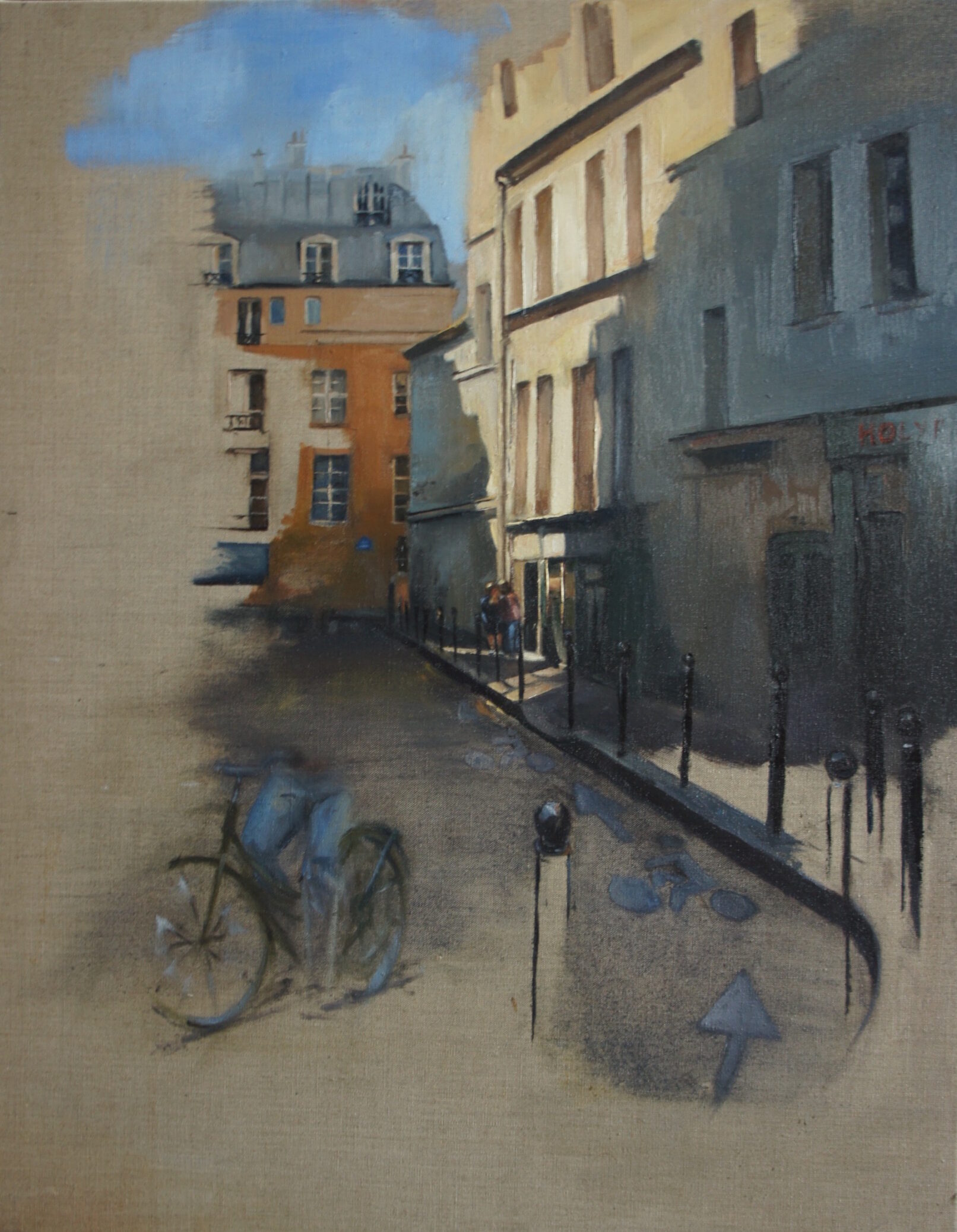 street in paris with person of bike oil painting